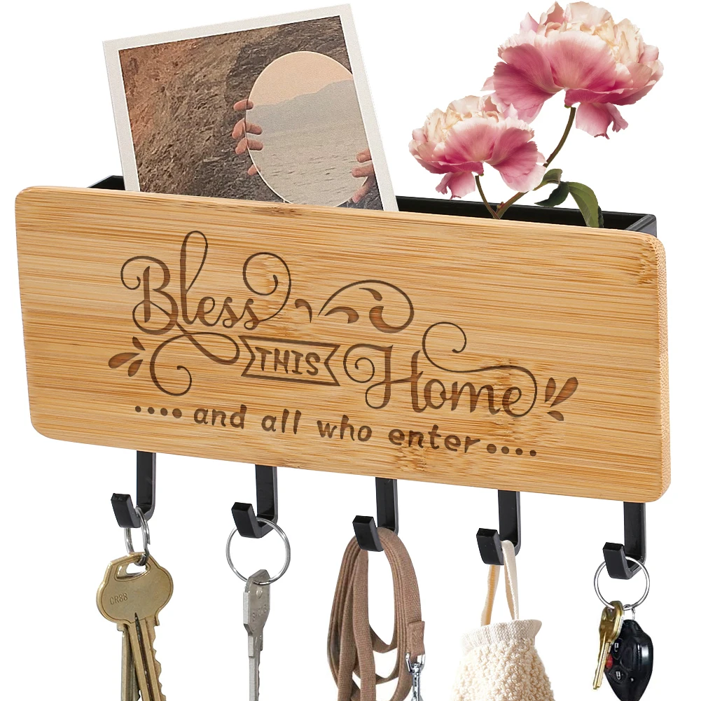 

Key Hooks Bless This Home Wall-Mounted Storage Rack Personalized Text Design Durable Bamboo Wooden House Customizable Hook Up