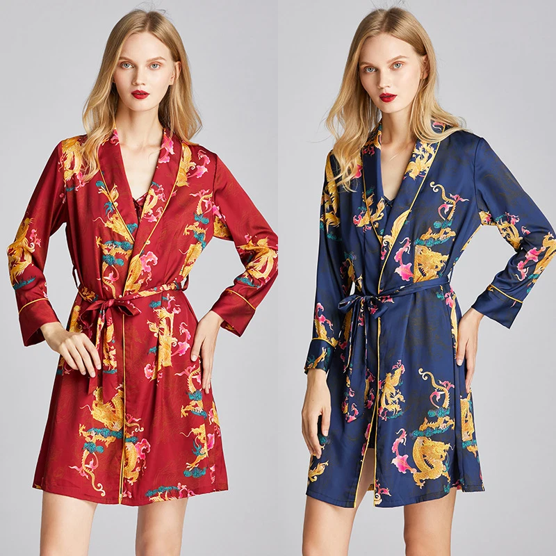

SSH0412 2020 New Spring Summer Women Robes Full Sleeves Mini Gown Robes Sexy V Neck Bathrobes Satin Silk Sleepwear Nightwear