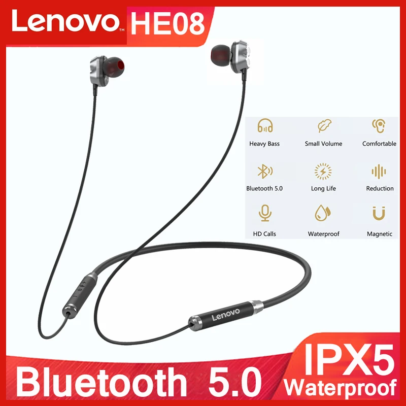 

Оригинальные наушники Lenovo HE08 HIFI стерео Bluetooth 5,0 двойные динамические Беспроводные наушники с шейным ободом спортивная Гарнитура для бега с ...