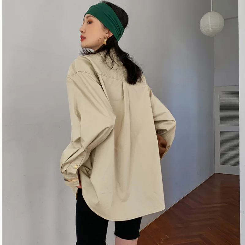 

LANMREM 2021 Spring Turn-down Collar Chic Single-breasted Long Sleeve Printed Oil beige Shirt For Women Fashion Tide 2A310412S