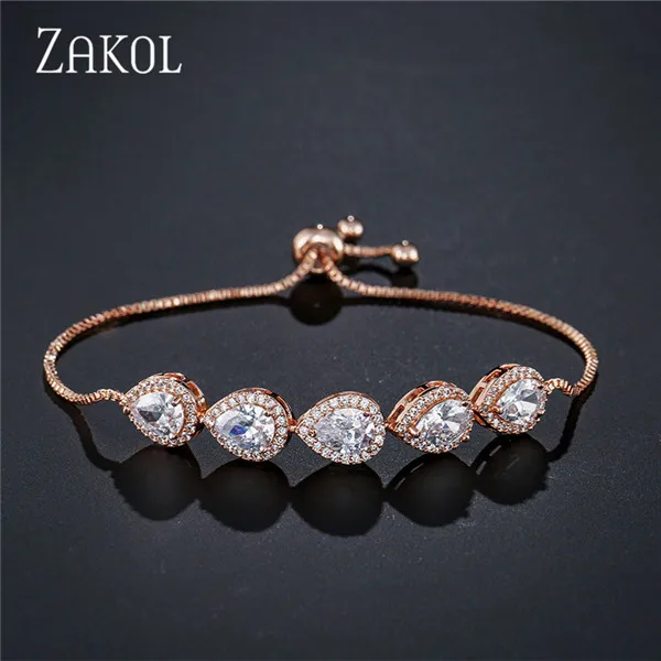 Rose Gold Color ZAKOL, браслет из белого золота с регулируемой цепочкой, браслет с кубическим цирконием, браслеты и браслеты для женщин, ювелирные изделия FSBP2094 - Окраска металла: Rose Gold Color