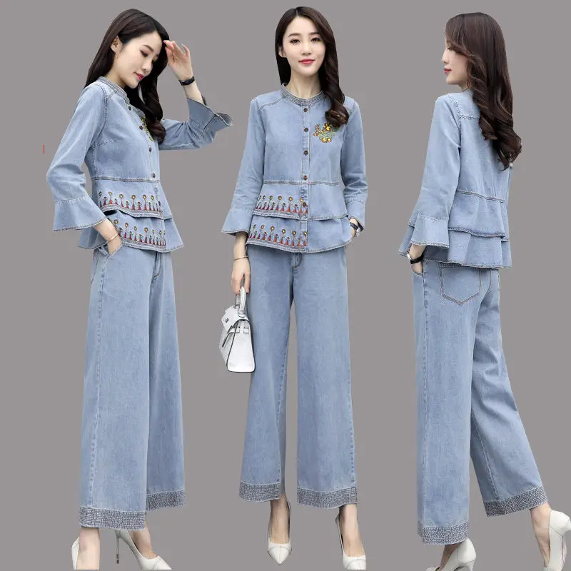 

Denim Wide-leg Pants Suit For Women 2021 Autumn New Retro Embroidered Denim Jacket Ladies Fashion Two Piece Set aq1126