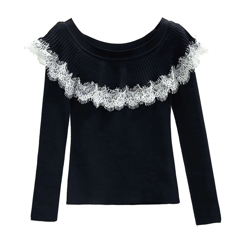 

Lace Collar Long Sleeve Short Knit Jumper Shirt Women 2019 Autumn Winter Women's Knitted Ice Silk Sweaters Female Slim Sweater