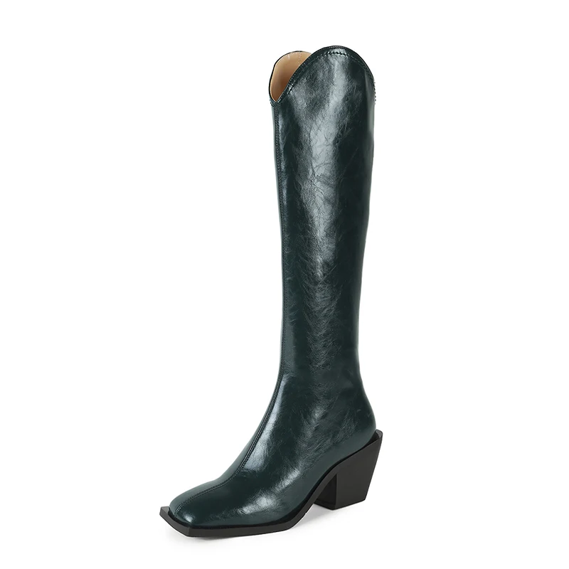 

Women Western Knee High Boots High Heeled Square Toe Ladies Autumn Winter Platform Shoes with Side Zipper Casual Solid Office 40