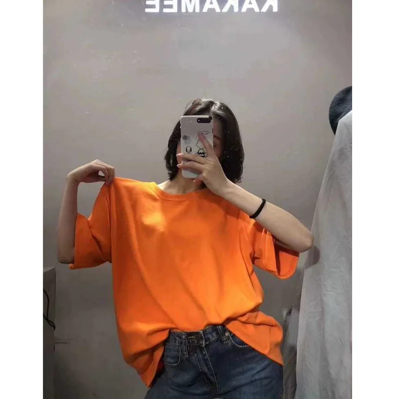 Однотонная женская футболка из 100% хлопка летняя с коротким рукавом и круглым