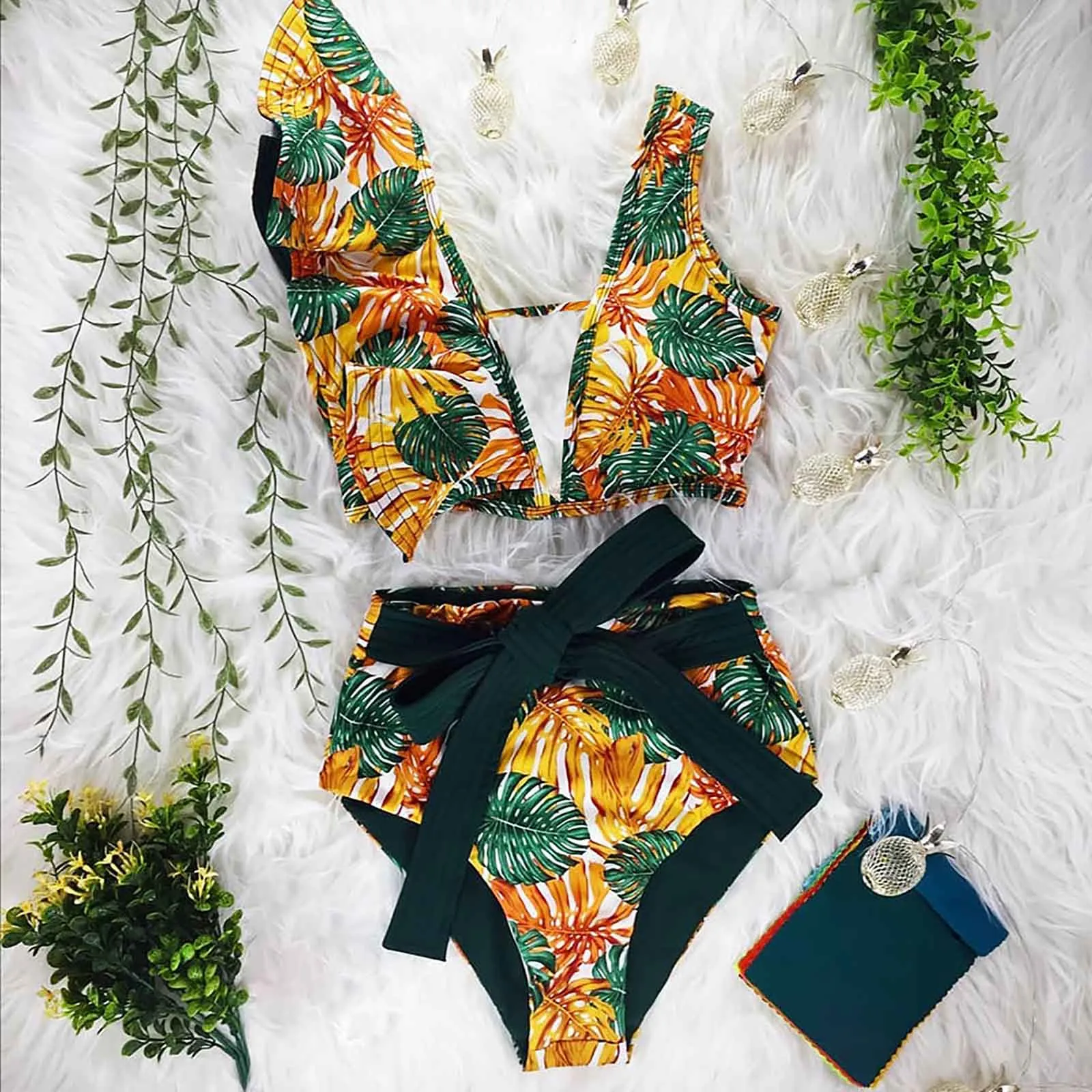 

Sexy Bikini set Women's Sexy Swimwear Leaf Printed Straps Bikini Double Strap High Waist Swimsuit Bathing Beach Suit Swim Wear