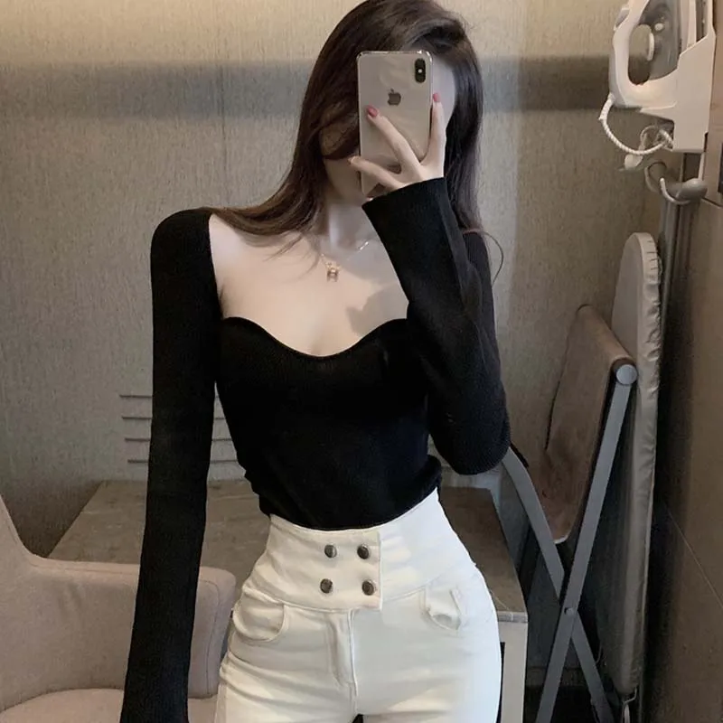 Цельный вязаный свитер весна-осень 2020 пикантный Женский пуловер без бретелек с