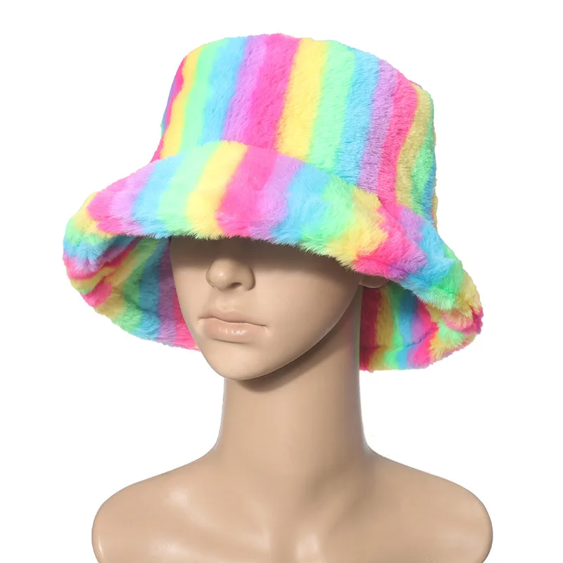 2021 Winter Striped Rainbow Fisherman Hats For Women Print Warm Female Faux Fur Caps Simple Soft Velvet Dome Fashion Bucket Hat