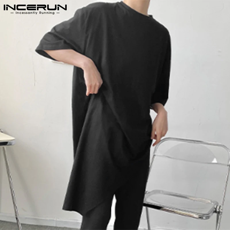 

Men Irregular T Shirt Solid Color Crew Neck Half Sleeve Long Style Tee Tops Streetwear 2022 Fashion Casual Mens Clothing INCERUN