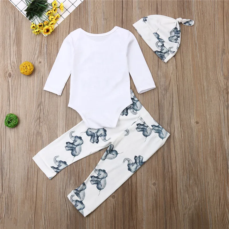 3pcs Newborn Clothes Set White Letter Rompers Baby Girls Bodysuit Outfits Elephant Print Pants Hats Boys Clothing | Детская одежда и