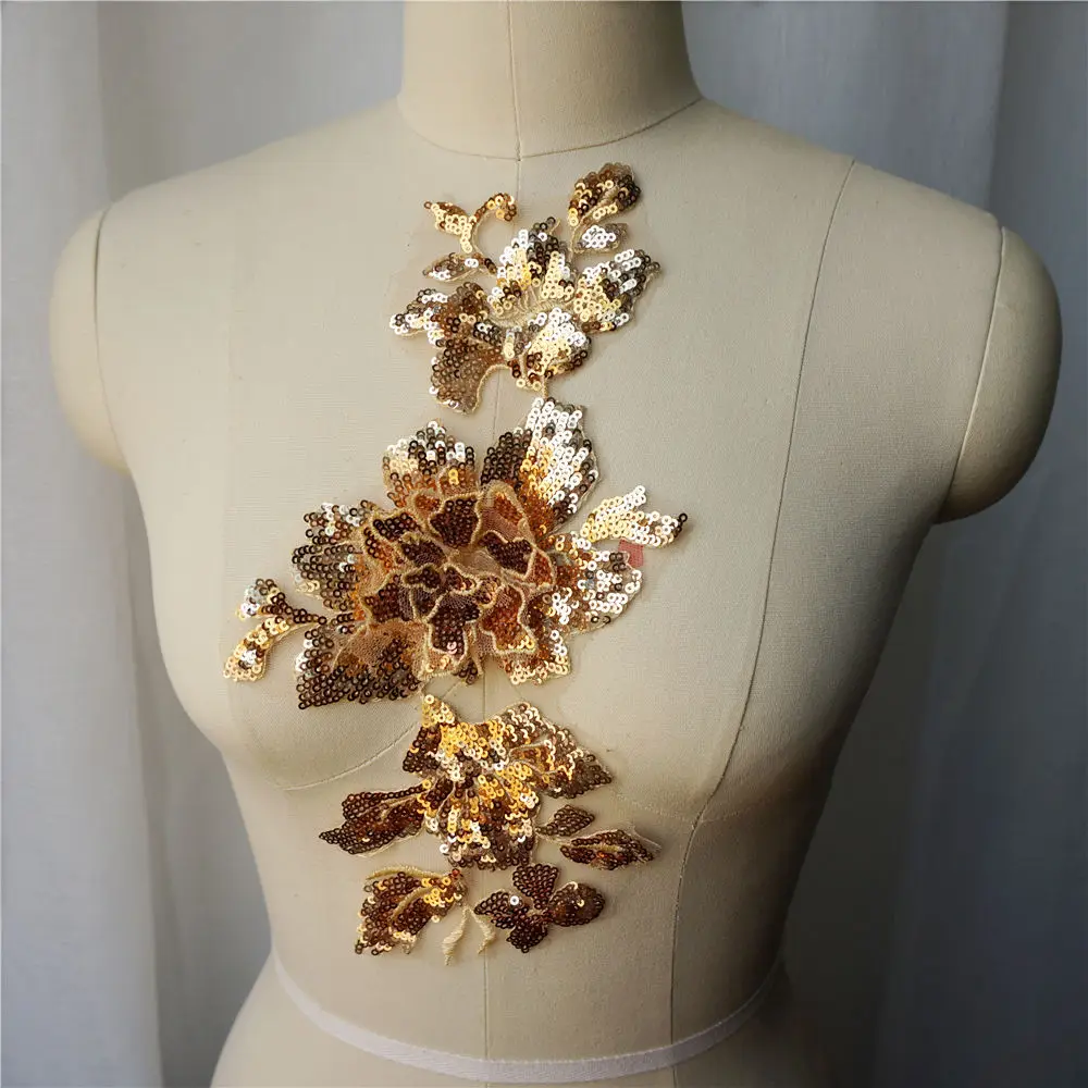 Кружевной воротник с золотыми блестками вышитый цветок Аппликации сетка для