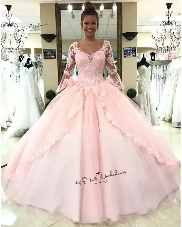 Милые 16 Платья с длинным рукавом кружевные Дешевые Бальные платья Vestido de Debutante Para 15 anos розовые Бальные платья для 15