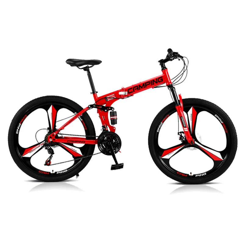 Foldable Bicycle Mountain Bike 26 Inches Three-Wheel Road Bike 21 Speeds Cycling Suspension Bicycle Double Disc Brake Red