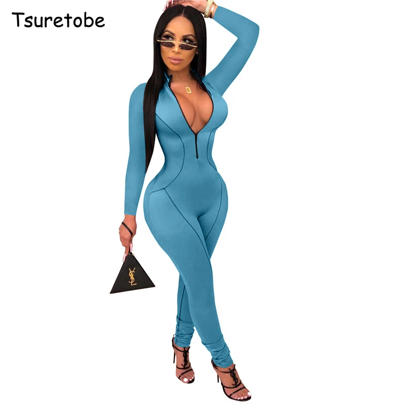 

Tsuretobe Skinny Patchwork Jumpsuit With Zipper Women Bodycon Long Sleeve Rompers Stripe Overalls V-neck Solid Color Outfits