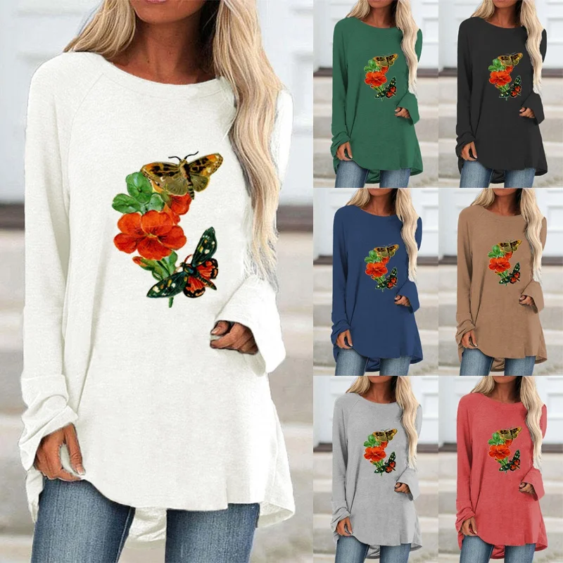 

Autumn Casual Women Fashion Butterfly Printed Round Neck Long Sleeved Sweatshirt Loose Ladies Graphic T-shirt Blouse Plus Size