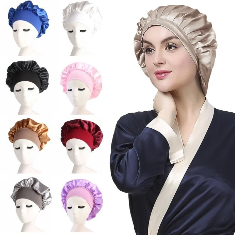 Ladies Satin Wide-brimmed Night Cap Night Sleep Cap Hair Care Cap Night Sleep Cap for Curly Hair Elastic Hairstyle Accessories