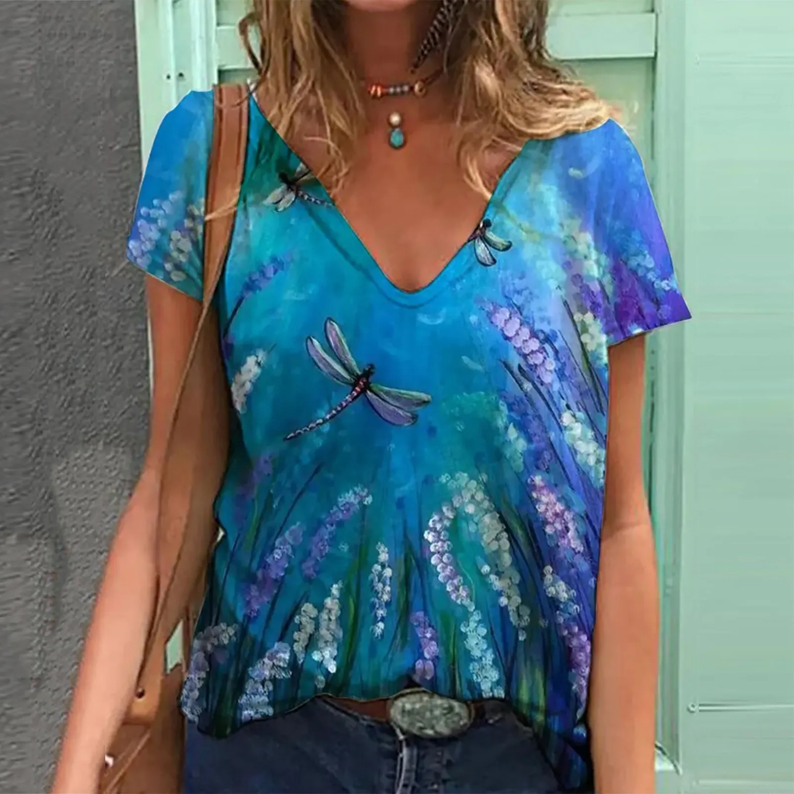 

Women Floral Shirts 2021 Spring Summer Print Blouses V Neck Short Sleeve Blouses Pullover Tops Ladies TShirts Women Clothing