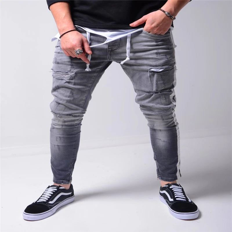 Men Spring Fall Plus-Size Holes Small Feet Casual Sports Trend Gray Blue Zippered Pants Jeans