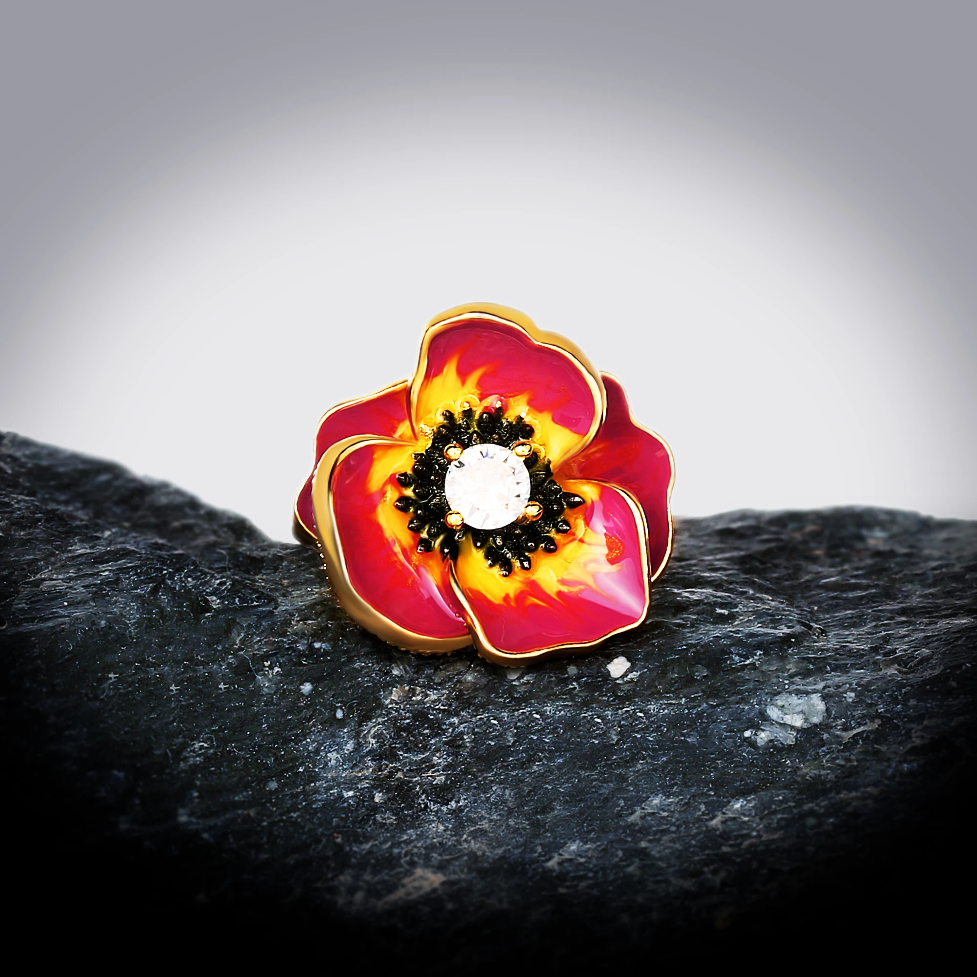 

High-quality Epoxy Red Enamel Flower Ring Women's Wedding Engagement Travel Cocktail Party Jewelry Gift