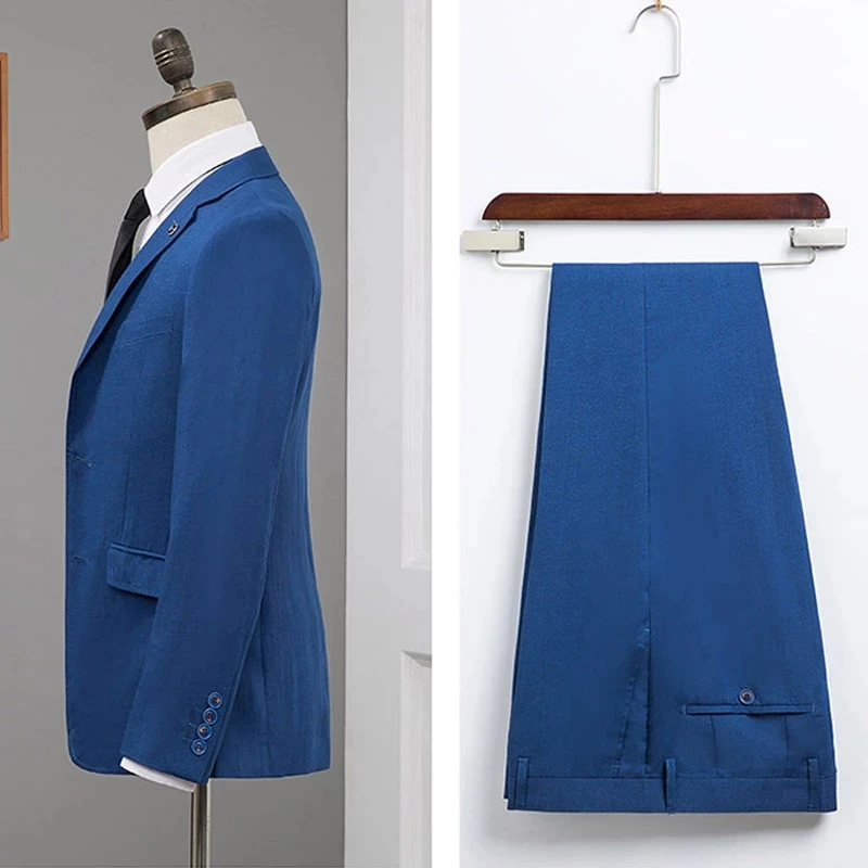 

Men's Suits 2 Pieces Blue Solid Single Row Two Buttons Lapel Polyester Casual Business Suit Slim Fit Male Blazer+Trousers