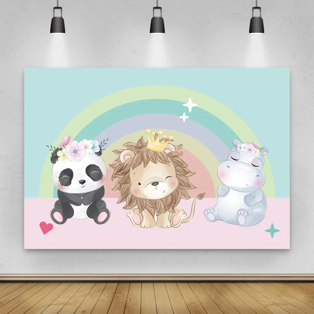 

Cartoon Rainbow Cute Panda Lion Zoo Happy Party Backdrop Child Birthday Table Decoration Photography Photo Kids Vinyl Background