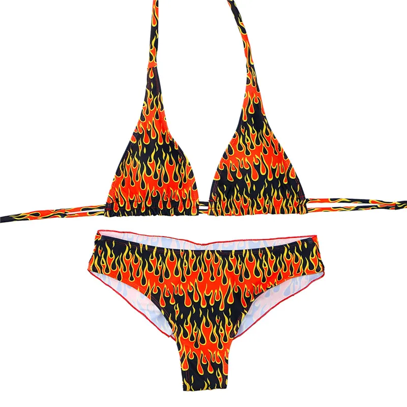 Женские пикантные пламени печатных комплект с бикини на бретелях завязками