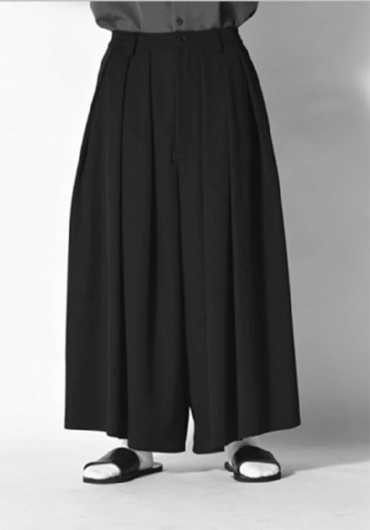 Spring and Autumn New Men's Casual Pants Super Loose Wide Leg Pants Culottes 100 Pleats Elastic Waist Skirt Style
