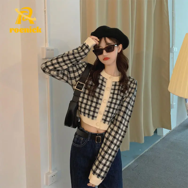 

Женский клетчатый кардиган ROENICK с круглым вырезом, короткие облегающие корейские модные Джемперы в Instagram, пальто, осенне-зимние вязаные топы...