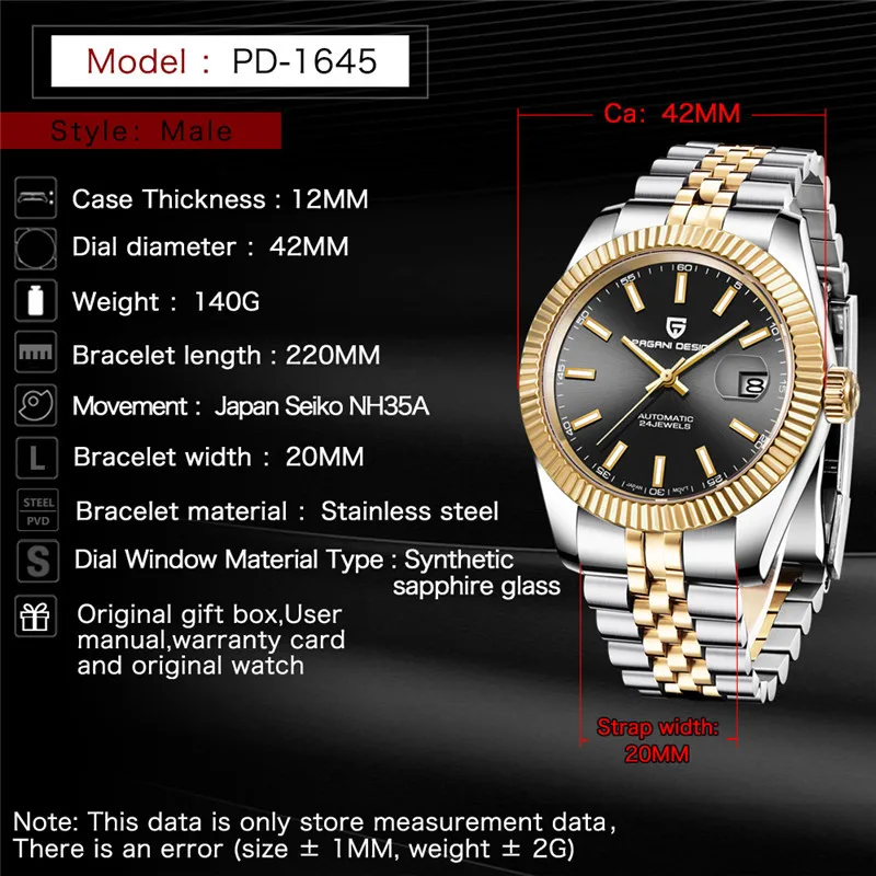 

PAGANI DESIGN Luxury Men Watch Stainless Steel Waterproof Mechanical Watch Fashion Sports Men Watch Automatic Wristwatch For Men
