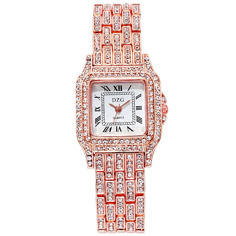

Rose Gold Women Watch Steel Belt Fashion Luxury Full Diamond Women Watches Rhinestone Temperament Diamond Square Watch Women