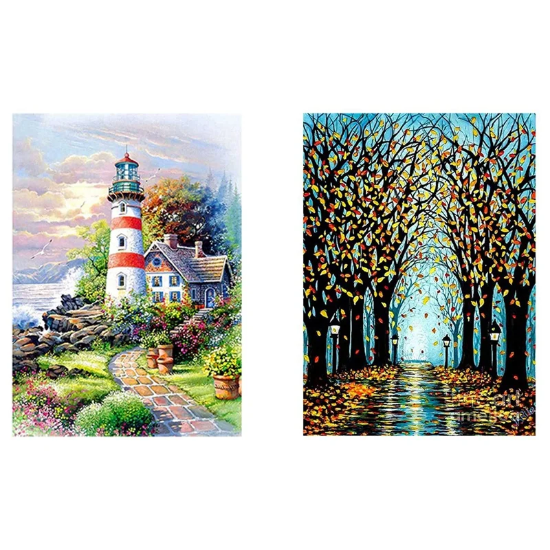 

2Set DIY Diamond Painting Kits, Full Drill Rhinestone Embroidery Pictures Arts, Beach White Lighthouse & Forest Path