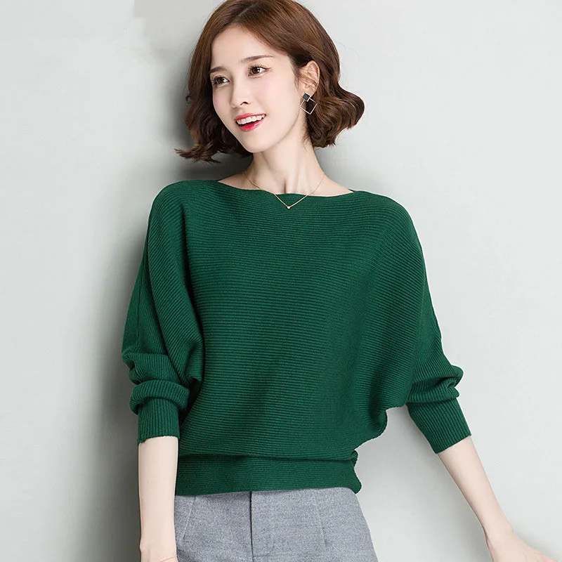 

Spring Loose Knitted Pullovers Sweater Tops Women Fashion O-Neck Long Sleeve Ladies Knitted Pullover Jumper Bat wing Casual Top