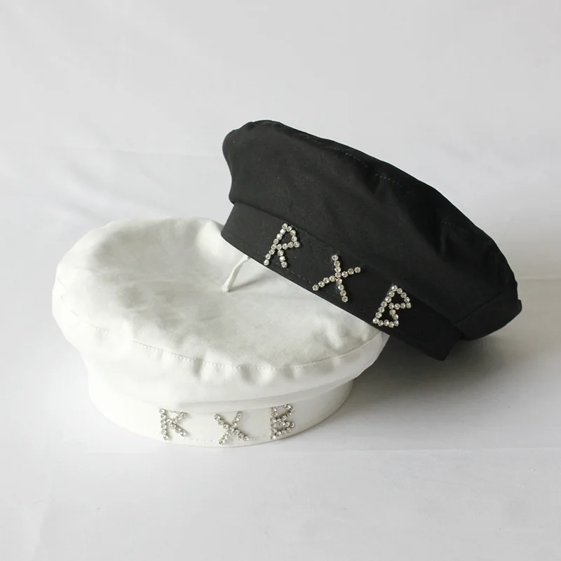 

2020 Spring Autumn New Women Cotton Military Hats Fashion Light Luxury diamond Ltters Beret Cap Leisure Street Navy Hat