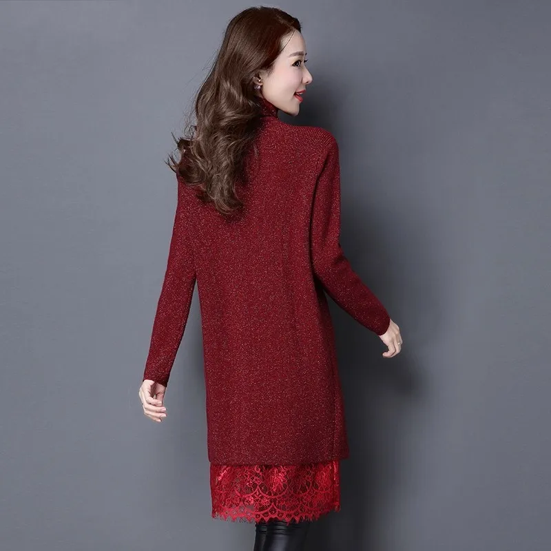 High Neck Turtleneck Women Sweater Pullovers Knitted Lace Solid Slim Fit Long Dress Winter Woman Knitting Warm Clothes | Женская одежда
