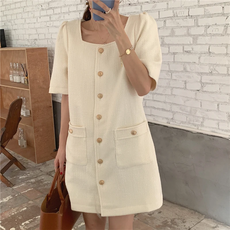 

Женское свободное мини-платье в стиле ретро, элегантное однотонное Повседневное платье в винтажном стиле с квадратным вырезом и коротким р...