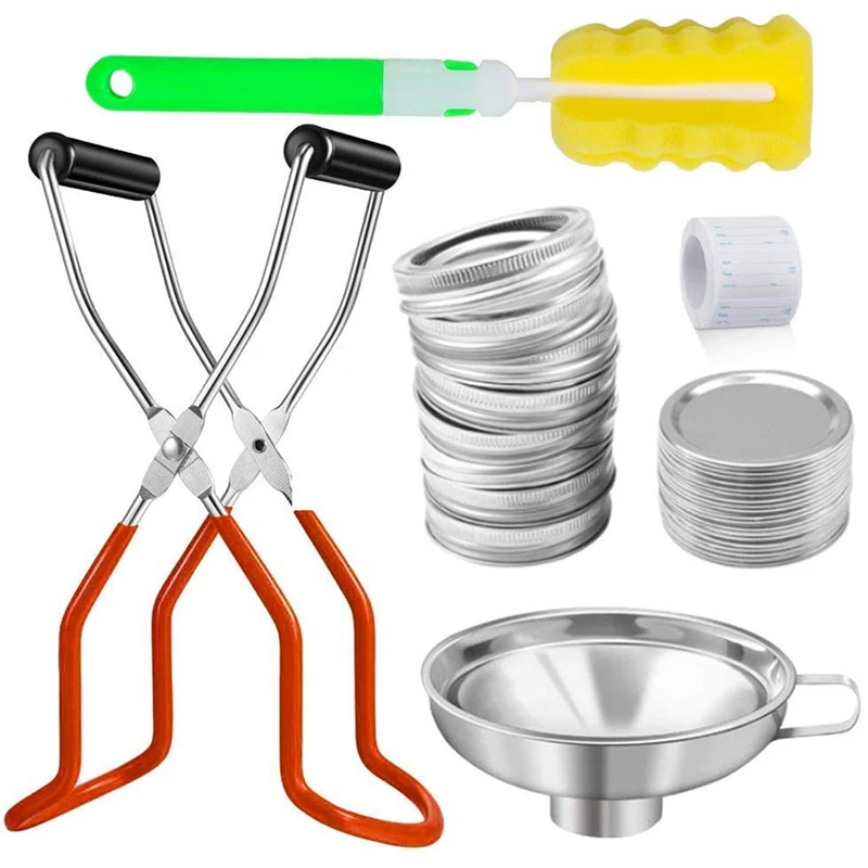 Canning Jar Lifter,Mason Jar Canning Lids,Wide-Mouth Clip Jar Lifter Funnel Sponge Brush and Canning Food Labels