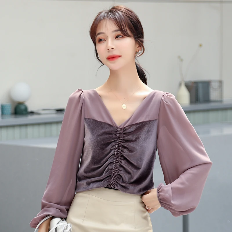 

Летние новые женские блузки, рубашка-поло, топы с длинным рукавом, однотонная блузка, шифоновая Повседневная модная женская Свободная блузк...