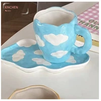 breakfast milk cup mug breakfast cup hand painted blue sky and white clouds cup ceramic afternoon tea center plate drinking set