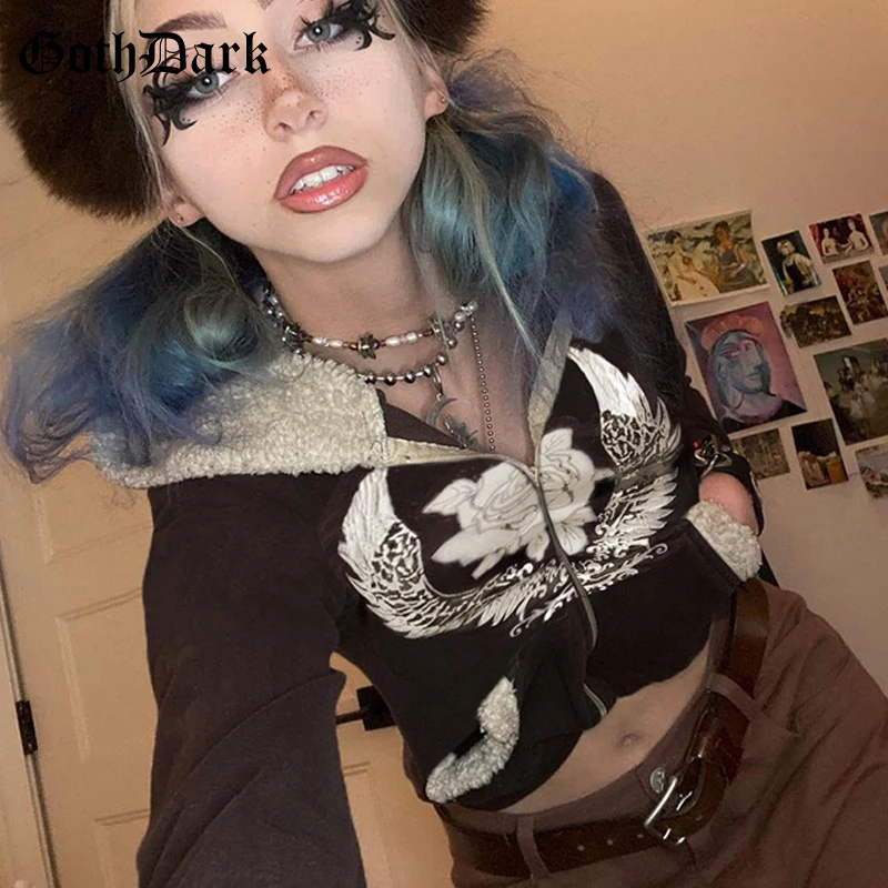 

Goth Dark Fairygrunge Vintage Brown Women Hoodies Gothic Printing Winter Zip Patchwork Sweatshirts Punk Fashion 90s Streetwear