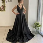 Черные вечерние платья без рукавов, атласные вечерние платья-трапеции с V-образным вырезом и открытой спиной, 2021