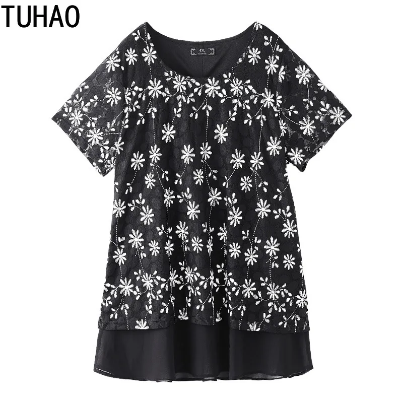 

TUHAO Plus Size Blouses10xl 8xl 6XL 4XL Women Shirts Lace Elegant Black Blouse Office Lady Casual Woman Tops Summer Clothes