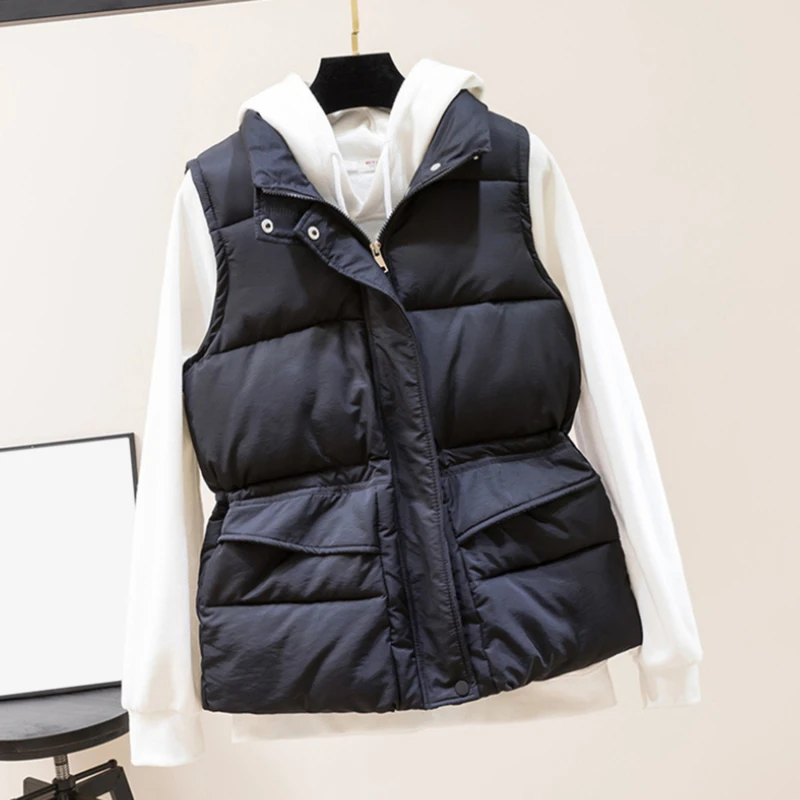 

Solid Short Style Vest for Women Cotton Padded Women's Winter Sleeveless Jacket with Zipper Stand Collar Casual Coats
