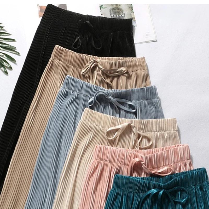 

Fashion Ankle Length Pants Pleated Pant Trousers Women High Waist Wide Leg Loose Pants Elastic Waist Wide Leg Pants