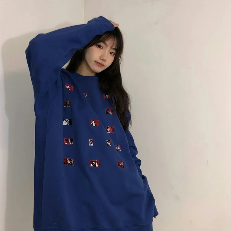 

Print Crew Neck Women'S Sweatshirt Korean Oversized Harajuku Y2k Causal Autumn Hoodies Clothes Blue Loose All-Match Tops2021