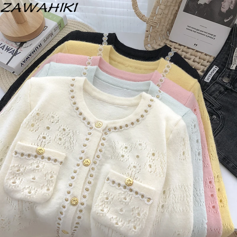 

Осенний корейский милый вязаный свитер zawхиты, топы с карманами, шикарный однотонный короткий вязаный кардиган с круглым вырезом и длинным ...