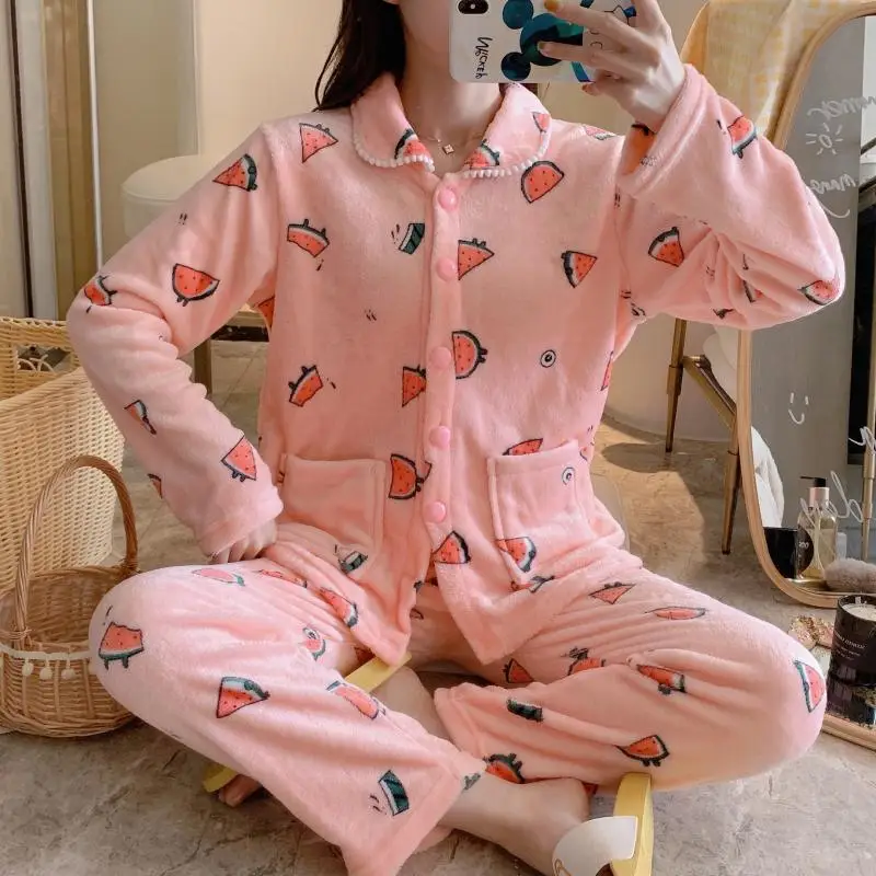 

Womens Flannel Pajamas Printed Pyjamas Sets Long Sleeve Sleepwear Pijama Pajamas Suit Female Sleep Two Piece Set Loungewear F148
