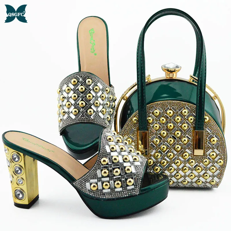 

2021 African Hot Selling Italian Design Nigerian Fashion D.Green Color Party Wedding Women Shoes and Bag Set With Platform