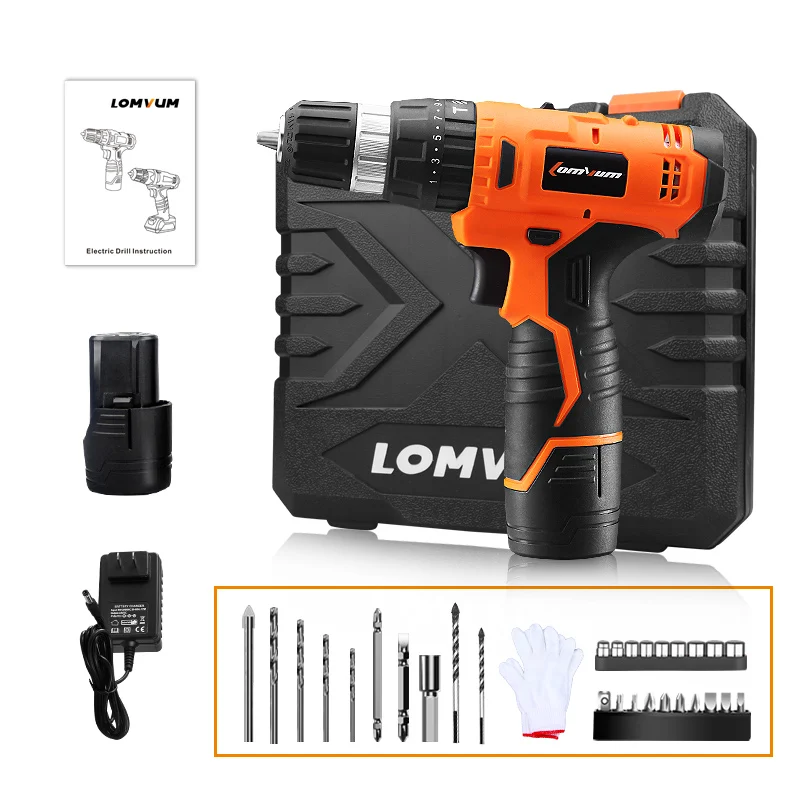 12v pc 2 battery LOMVUM, 12 В, 16 В, 24 В, беспроводная отвертка, регулируемая скорость, ударная дрель, электрическая, 2 аккумулятора, перезаряжаемый молоток, Быстрозажимной патрон ST - Цвет: 12v pc 2 battery