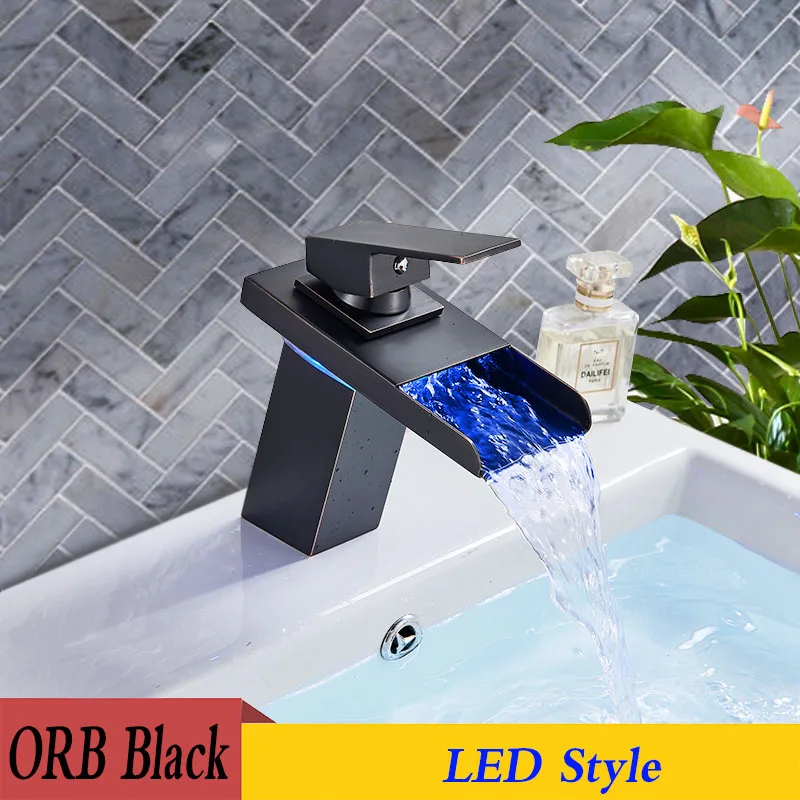 ORB Black LED POIQIHHY Водопад кран Led хром латунь Ванная раковина кран на бортике смеситель Носик раковина кран - Цвет: ORB Black LED