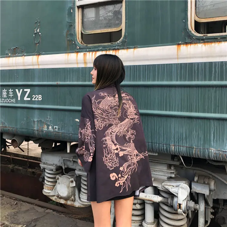 

Womens Men Tops Robes 2021 Print Dragon Harajuku Kawaii Shirt Japanese Streetwear Outfit Kimono Cardigan Female Yukata Blouse